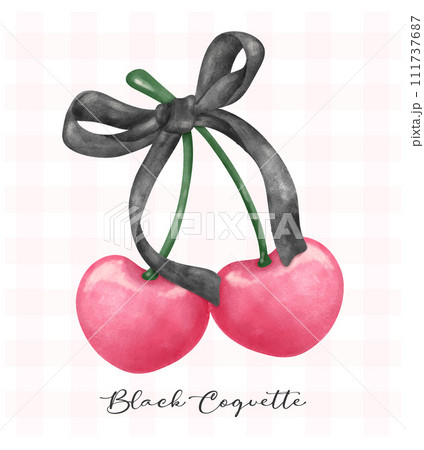 Black coquette cherries with ribbon bow, aesthetic watercolor hand drawing 111737687