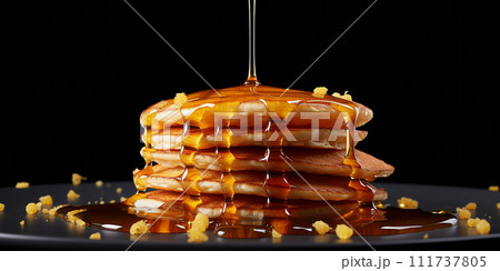 a stack of pancakes with honey, a symbol of Maslenitsa. homemade food, healthy breakfast 111737805