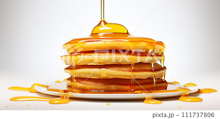 a stack of pancakes with honey, a symbol of Maslenitsa. homemade food, healthy breakfast 111737806
