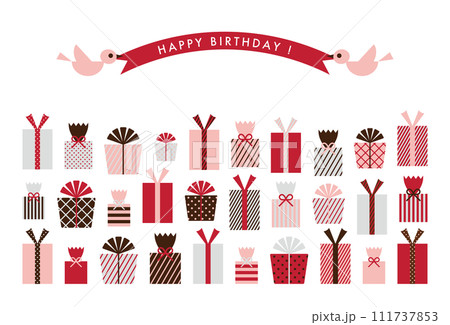 色々なプレゼントボックスを並べたバースデーカード 111737853