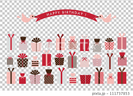 色々なプレゼントボックスを並べたバースデーカード 111737853