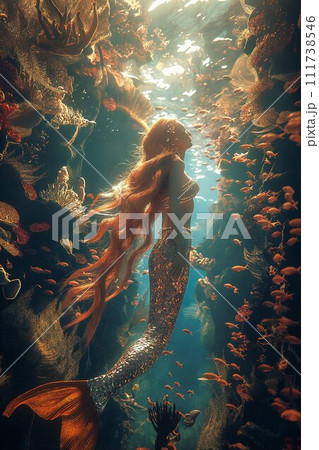 AI-generated content. Red-Haired Mermaid Swimming in Sunlit Coral Reef 111738546