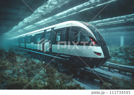 Train in Underwater railway. Underwater high-speed train on underway railroad. 111738585