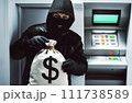 Bank robbery. Criminal in mask with bags of money. Money bags from bank in hands of robber.  111738589