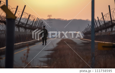 Border of South Kore and North Korea. Border with barbed wire on fence. Border of South Kore and North Korea. Border with barbed wire on fence. 111738595