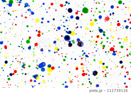 Paint splatters on bright material. Watercolor on white paper. 111739116