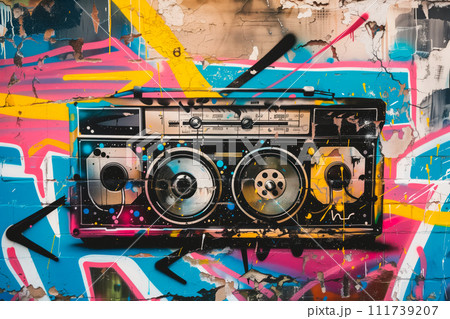 Boombox tape recorder with colorful funky arrows and notes , positioned in front of vibrant graffiti 111739207