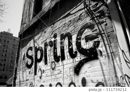 Brick wall intricately painted with the word spring in bold letters, adding a vibrant touch to the urban setting Brick wall intricately painted with the word spring in bold letters, adding a vibrant touch to the urban setting 111739212