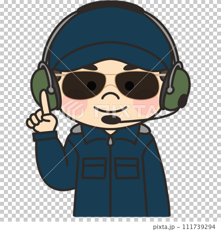 Illustration of a helicopter pilot wearing sunglasses in a pointing pose 111739294