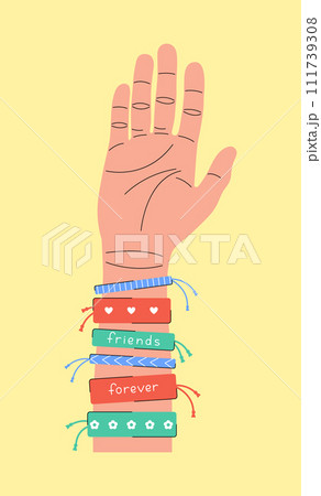 Hand in friendship bracelets isolated on yellow background. Friends forever vector flat illustration. Friendship day poster, banner and greeting card design 111739308