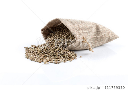 Cannabis Hemp seeds in sack on white 111739330