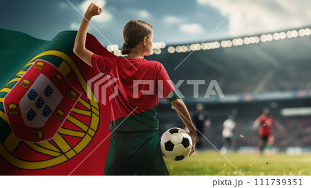 Competitive young woman, soccer player standing on 3D render of football stadium, representing team of Portugal Competitive young woman, soccer player standing on 3D render of football stadium, representing team of Portugal 111739351