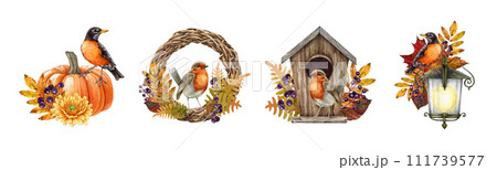 Fall season vintage style decor set. Watercolor painted illustration. Hand drawn autumn decoration element set. Thanksgiving wreath, birds, fallen leaves, berries festive collection. White background Fall season vintage style decor set. Watercolor painted illustration. Hand drawn autumn decoration element set. Thanksgiving wreath, birds, fallen leaves, berries festive collection. White background 111739577