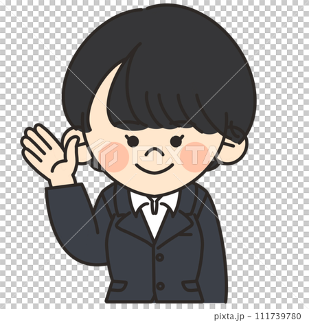 A short-haired woman wearing a business suit is raising her hand 111739780