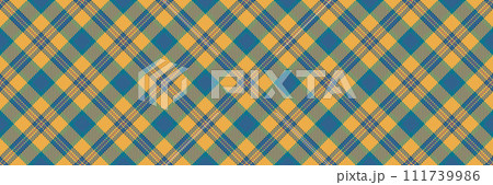 Square check seamless background, proud plaid textile tartan. Ornament fabric vector texture pattern in cyan and amber colors. 111739986