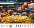 Burger on wooden table in restaurant. Hamburgers in fast food restaurant. 111740247
