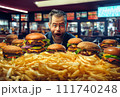 Burger on wooden table in restaurant. Hamburgers in fast food restaurant. 111740248
