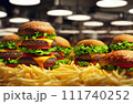 Burger on wooden table in restaurant. Hamburgers in fast food restaurant. 111740252