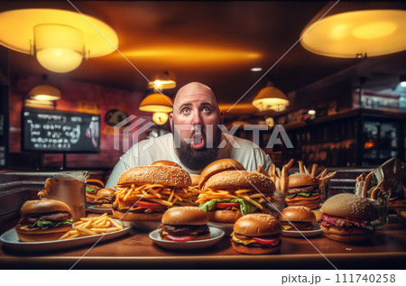 Fat man eating hamburger in fast food restaurant.  111740258