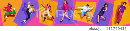 Banner. Collage made of portraits of artistic people in mid air in stylish clothes performing dancing moves against vivid colorful background. 111740433