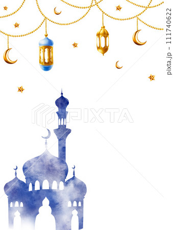 Watercolor Islamic arabian postcard, frame with silhouette of mosque and minaret, golden crescent moon, stars on a gold chains, lanterns illustration isolated on white background. Muslim hand drawn 111740622