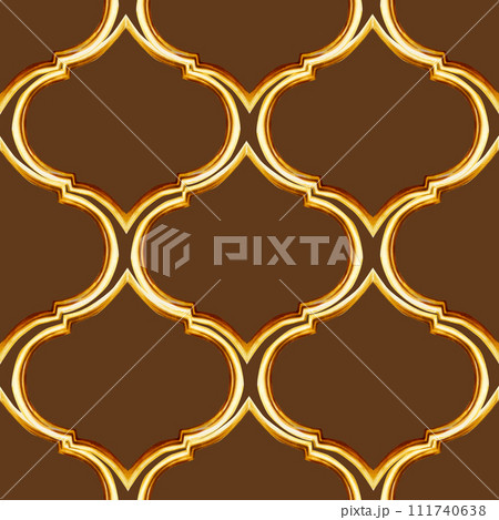 Watercolor seamless pattern with Moroccan arabian mosaic illustration isolated on white background. Muslim golden hand drawn frame for holiday Ramadan Kareem or Eid Al Adha 2024. For designers, prints 111740638