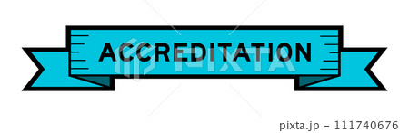 Ribbon label banner with word accreditation in blue color on white background 111740676