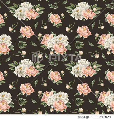 Floral watercolor seamless pattern with white and peach fuzz peony flowers, buds and green leaves on dark background. For use in design, fabric, textile, scrapbooking, wallpaper, wrapping papper, gift Floral watercolor seamless pattern with white and peach fuzz peony flowers, buds and green leaves on dark background. For use in design, fabric, textile, scrapbooking, wallpaper, wrapping papper, gift 111741024