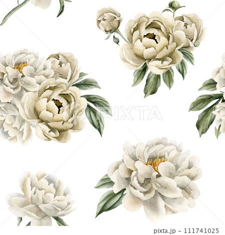 Floral watercolor seamless pattern with white and beige peony flowers, buds and green leaves on white background. For use in design, fabric, textile, scrapbooking, wallpaper, wrapping papper, gift box 111741025