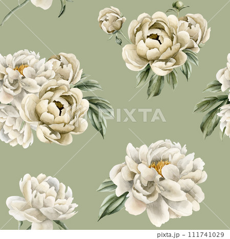 Floral watercolor seamless pattern with white and beige peony flowers, buds and green leaves on grey green background. For use in design, fabric, textile, scrapbooking, wallpaper, wrapping papper, gif Floral watercolor seamless pattern with white and beige peony flowers, buds and green leaves on grey green background. For use in design, fabric, textile, scrapbooking, wallpaper, wrapping papper, gif 111741029