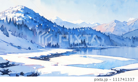 水彩画背景_日本の冬の雪山_01のイラスト素材 [111741337] - PIXTA