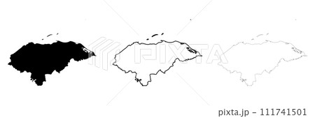 Honduras country silhouette. Set of 3 high detailed maps. Solid black silhouette, thick black outline and thin black outline. Vector illustration isolated on white background. Honduras country silhouette. Set of 3 high detailed maps. Solid black silhouette, thick black outline and thin black outline. Vector illustration isolated on white background. 111741501