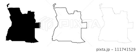 Angola country silhouette. Set of 3 high detailed maps. Solid black silhouette, thick black outline and thin black outline. Vector illustration isolated on white background. 111741529