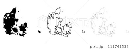 Denmark country silhouette. Set of 3 high detailed maps. Solid black silhouette, thick black outline and thin black outline. Vector illustration isolated on white background. Denmark country silhouette. Set of 3 high detailed maps. Solid black silhouette, thick black outline and thin black outline. Vector illustration isolated on white background. 111741535