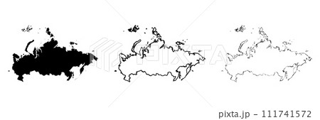 Russia country silhouette. Set of 3 high detailed maps. Solid black silhouette, thick black outline and thin black outline. Vector illustration isolated on white background. 111741572