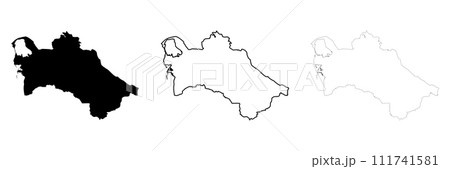 Turkmenistan country silhouette. Set of 3 high detailed maps. Solid black silhouette, thick black outline and thin black outline. Vector illustration isolated on white background. Turkmenistan country silhouette. Set of 3 high detailed maps. Solid black silhouette, thick black outline and thin black outline. Vector illustration isolated on white background. 111741581