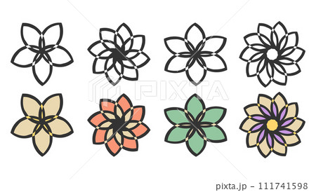 Flower icons set, boho style Logo, black bold line stroke, doodle cartoon style design. Creative floral web decor, outline, coloured isolated elements, vector Flower icons set, boho style Logo, black bold line stroke, doodle cartoon style design. Creative floral web decor, outline, coloured isolated elements, vector 111741598