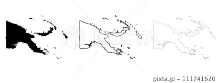 Papua New Guinea country silhouette. Set of 3 high detailed maps. Solid black silhouette, thick black outline and thin black outline. Vector illustration isolated on white background. Papua New Guinea country silhouette. Set of 3 high detailed maps. Solid black silhouette, thick black outline and thin black outline. Vector illustration isolated on white background. 111741620
