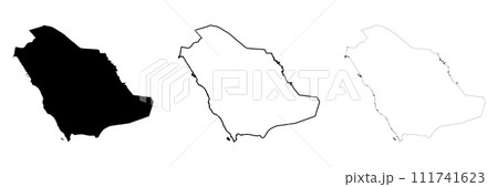 Saudi Arabia country silhouette. Set of 3 high detailed maps. Solid black silhouette, thick black outline and thin black outline. Vector illustration isolated on white background. 111741623
