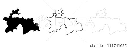 Tajikistan country silhouette. Set of 3 high detailed maps. Solid black silhouette, thick black outline and thin black outline. Vector illustration isolated on white background. 111741625