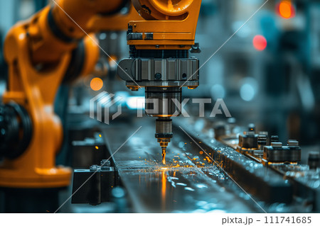n industrial robotic arm engaged in precision welding on an assembly line, showcasing the synergy between technology and manufacturing efficiency. 111741685
