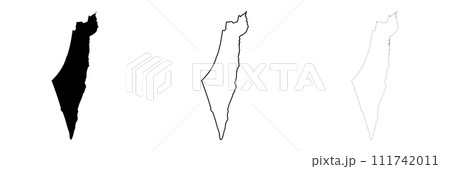 Israel country silhouette. Set of 3 high detailed maps. Solid black silhouette, thick black outline and thin black outline. Vector illustration isolated on white background. 111742011
