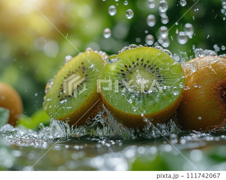 ripe kiwi closeup in water drops 111742067