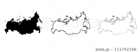 Russia country silhouette. Set of 3 high detailed maps. Solid black silhouette, thick black outline and thin black outline. Vector illustration isolated on white background. Russia country silhouette. Set of 3 high detailed maps. Solid black silhouette, thick black outline and thin black outline. Vector illustration isolated on white background. 111742246