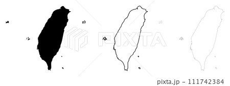 Taiwan country silhouette. Set of 3 high detailed maps. Solid black silhouette, thick black outline and thin black outline. Vector illustration isolated on white background. Taiwan country silhouette. Set of 3 high detailed maps. Solid black silhouette, thick black outline and thin black outline. Vector illustration isolated on white background. 111742384