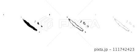 New Caledonia islands silhouette. Set of 3 high detailed maps. Solid black silhouette, thick black outline and thin black outline. Vector illustration isolated on white background. 111742423