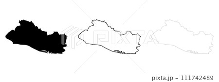 El Salvador country silhouette. Set of 3 high detailed maps. Solid black silhouette, thick black outline and thin black outline. Vector illustration isolated on white background. El Salvador country silhouette. Set of 3 high detailed maps. Solid black silhouette, thick black outline and thin black outline. Vector illustration isolated on white background. 111742489