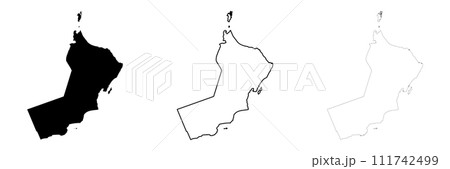 Oman country silhouette. Set of 3 high detailed maps. Solid black silhouette, thick black outline and thin black outline. Vector illustration isolated on white background. 111742499