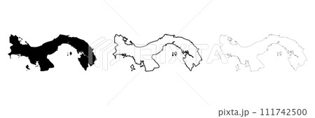 Panama country silhouette. Set of 3 high detailed maps. Solid black silhouette, thick black outline and thin black outline. Vector illustration isolated on white background. 111742500