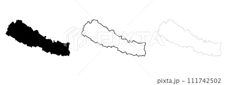 Nepal country silhouette. Set of 3 high detailed maps. Solid black silhouette, thick black outline and thin black outline. Vector illustration isolated on white background. Nepal country silhouette. Set of 3 high detailed maps. Solid black silhouette, thick black outline and thin black outline. Vector illustration isolated on white background. 111742502